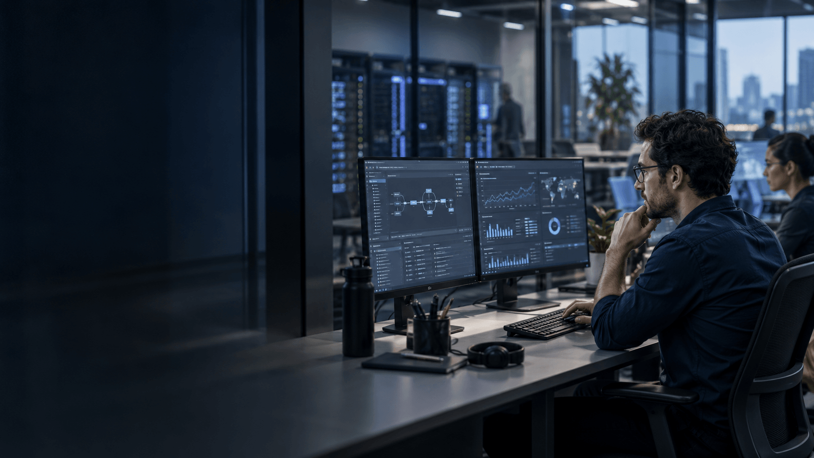 An engineer reviewing deployments and monitoring in a software operations workspace.