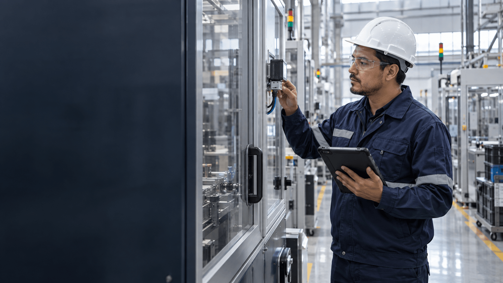 Engineer inspecting a connected sensor in an industrial facility
