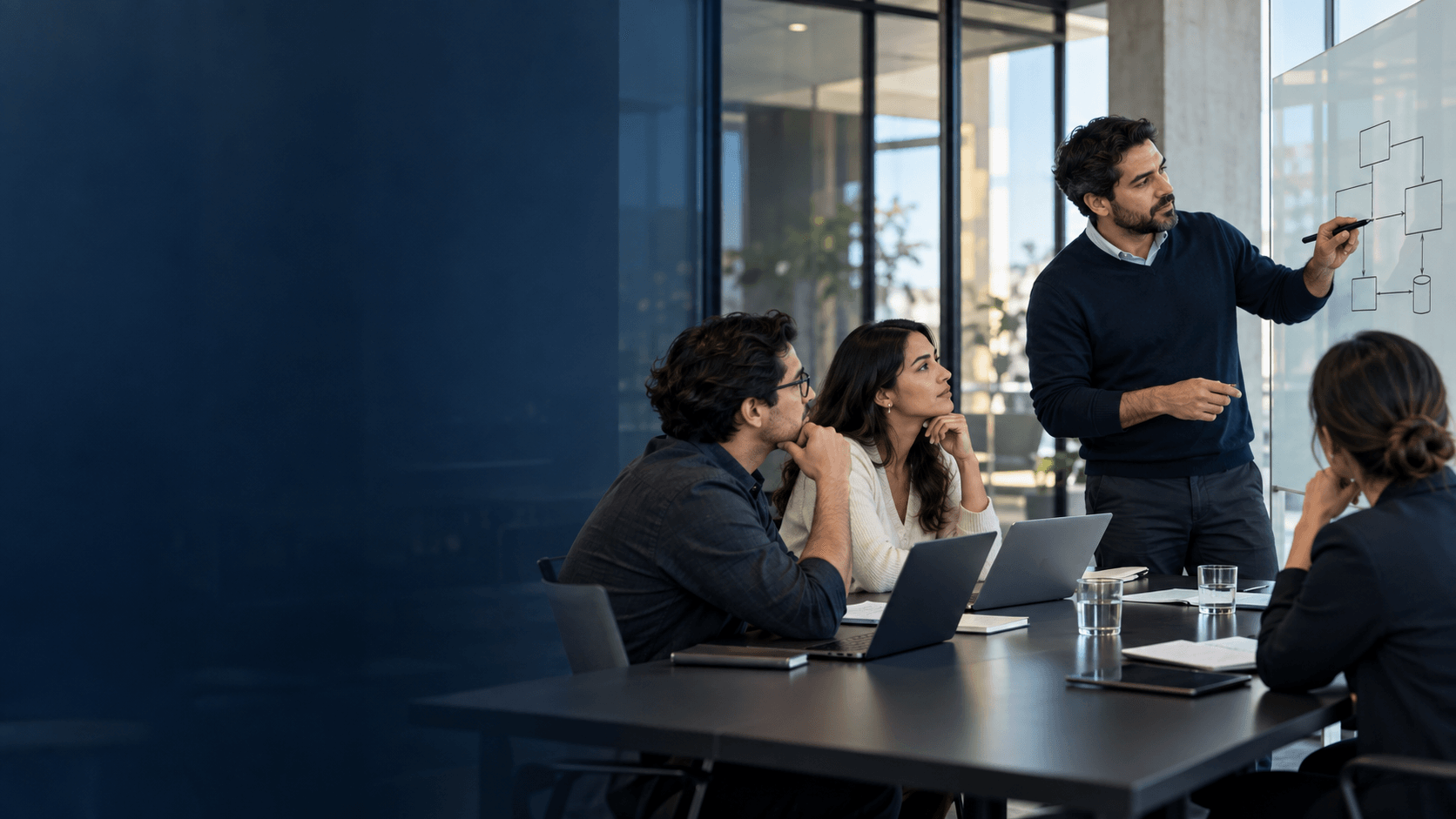 Editorial image of professionals working on a software architecture diagram