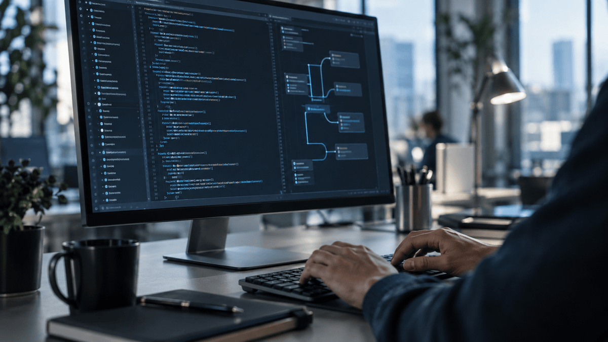 Editorial image of code and an architecture diagram at a developer’s desk