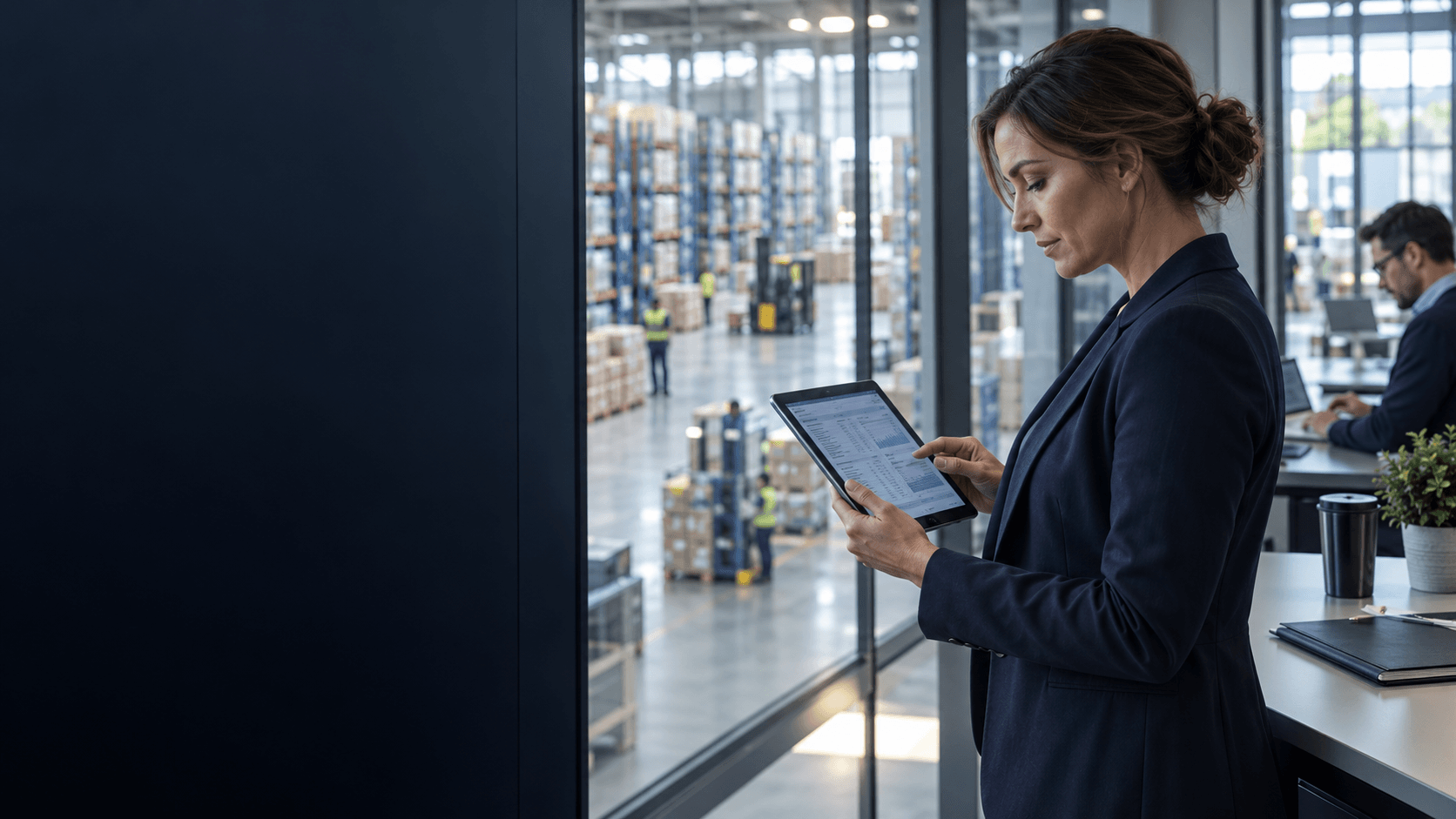 Technology specialist reviewing operational information at a distribution center