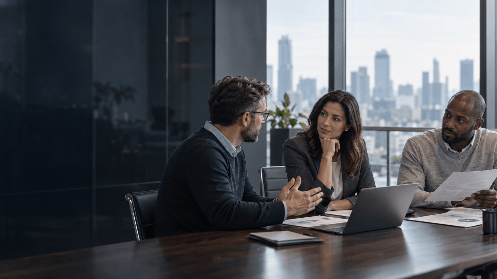Professionals discussing a technology proposal during a business consulting meeting.
