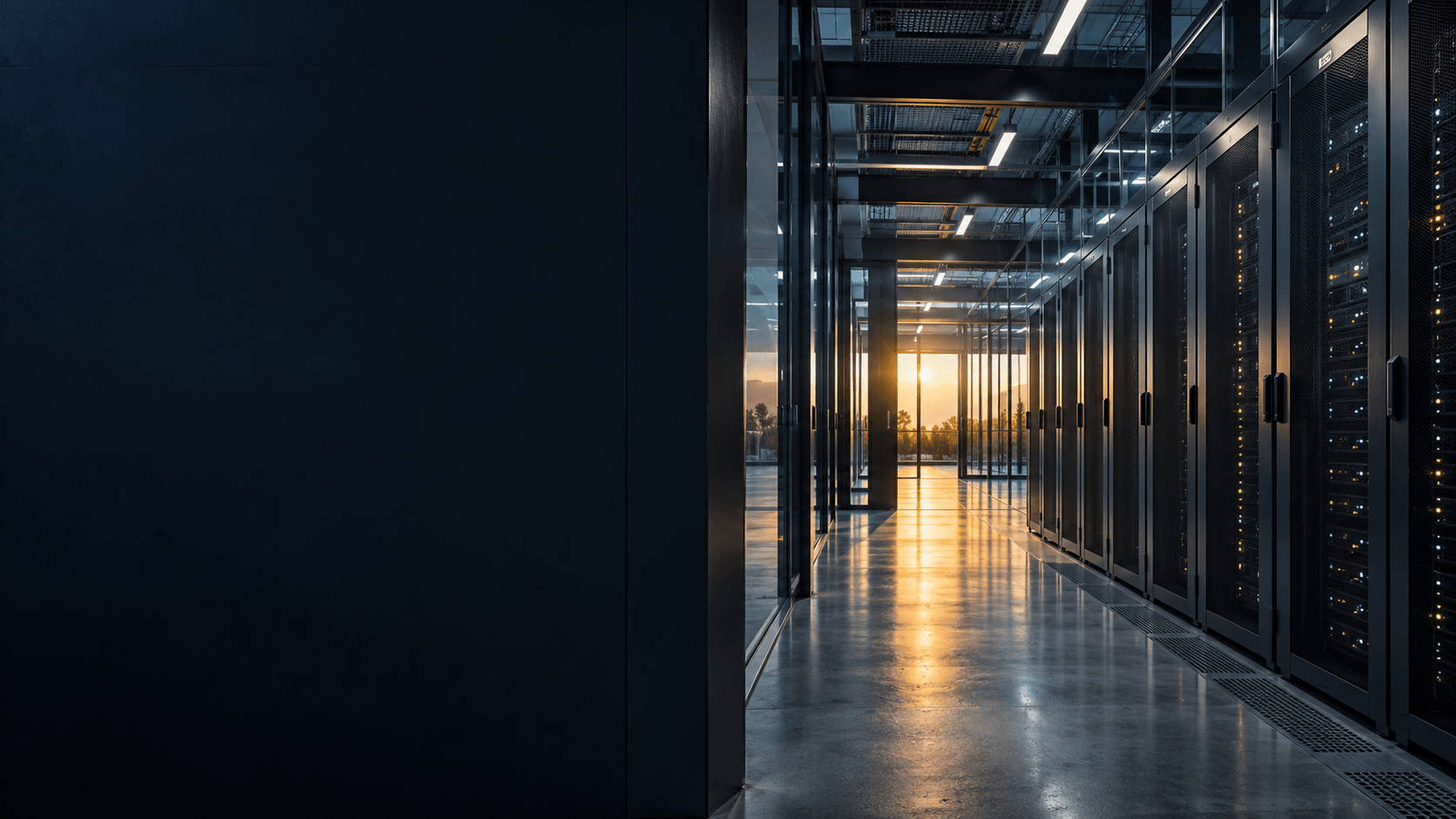 Contemporary data center infrastructure with server cabinets and natural light
